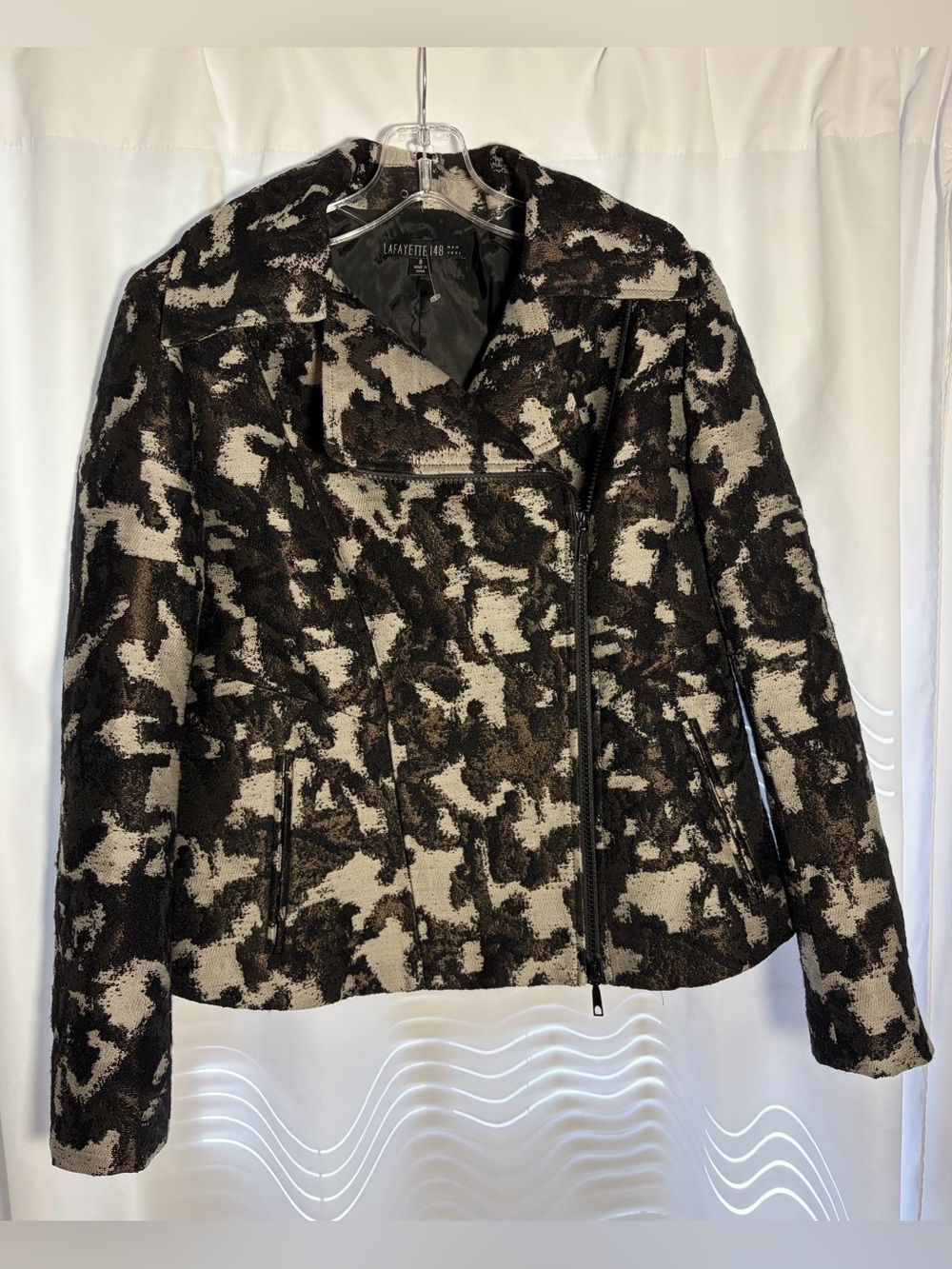 LAFAYETTE 148 Black & Grey Animal Print Moto Jacket size. 8